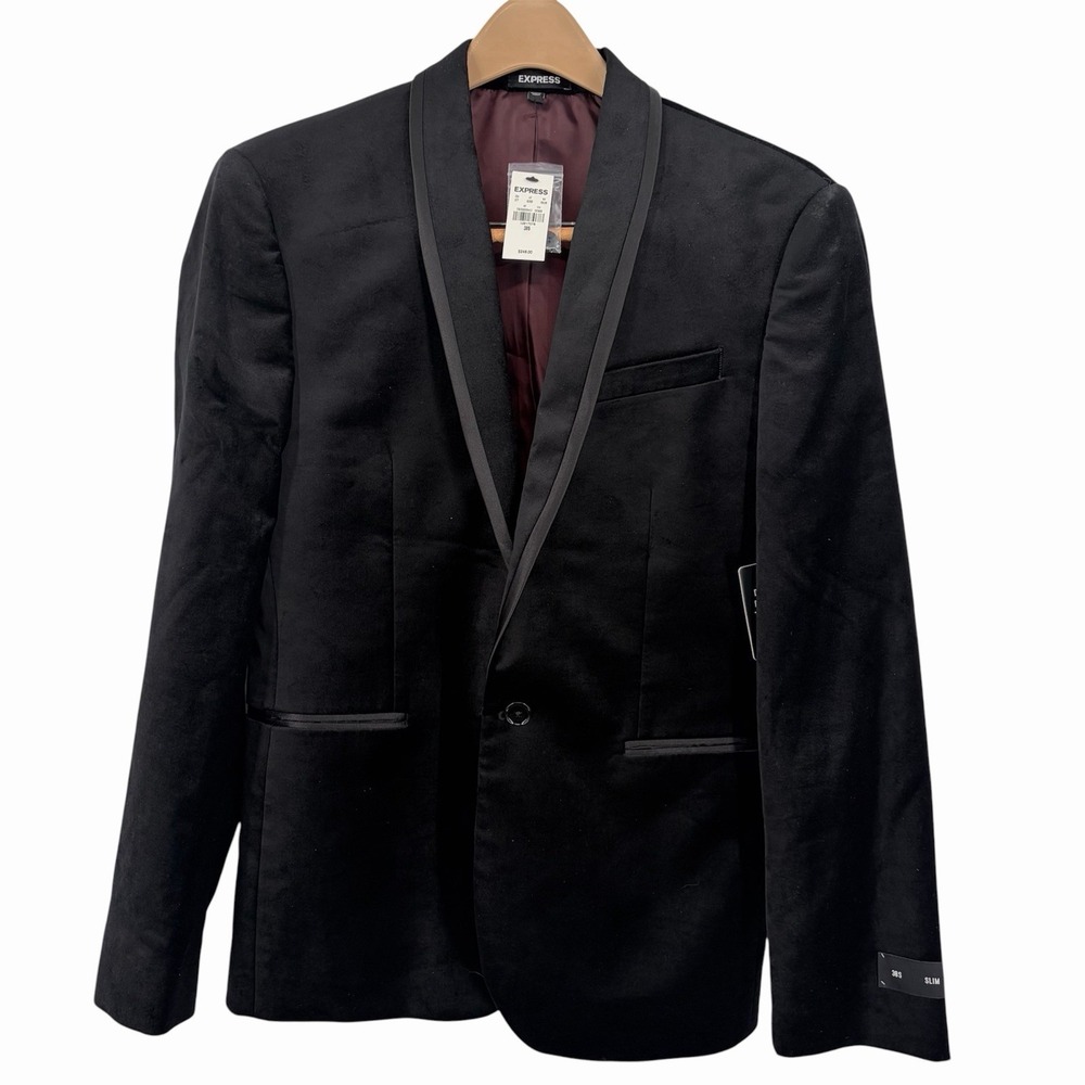 Express Black Velvet Satin Trim Tuxedo Blazer Coat Slim Mens 38S Elegant